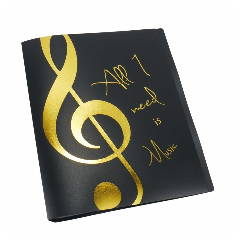 Fekete mappa,20 db lefűzhető irattartóval,arany színű felirattal+violinkulccsal A/4 méret
